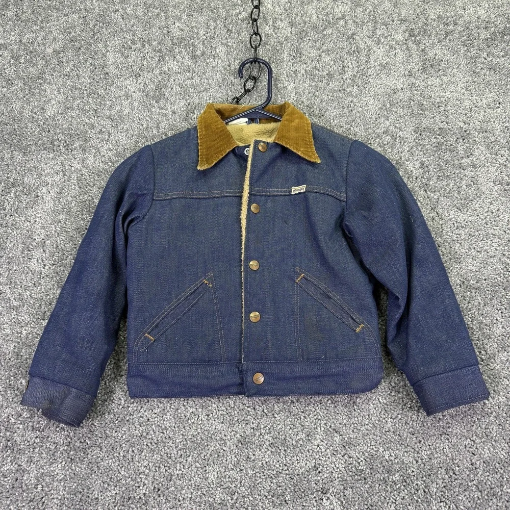 Vintage Wrangler Jacket Kids 10 Blue Denim Sherpa Lined Corduroy Collar Trucker